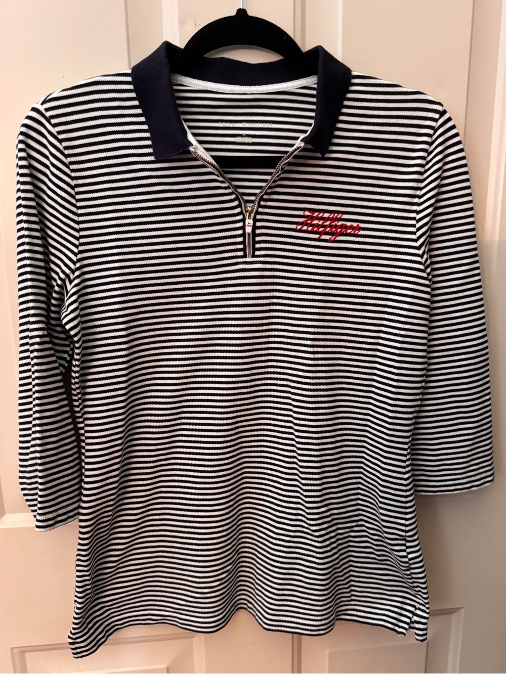 Tommy Hilfiger Women’s Striped Quarter Zip Polo Top Navy White 3/4 Sleeve Medium - Picture 2 of 11